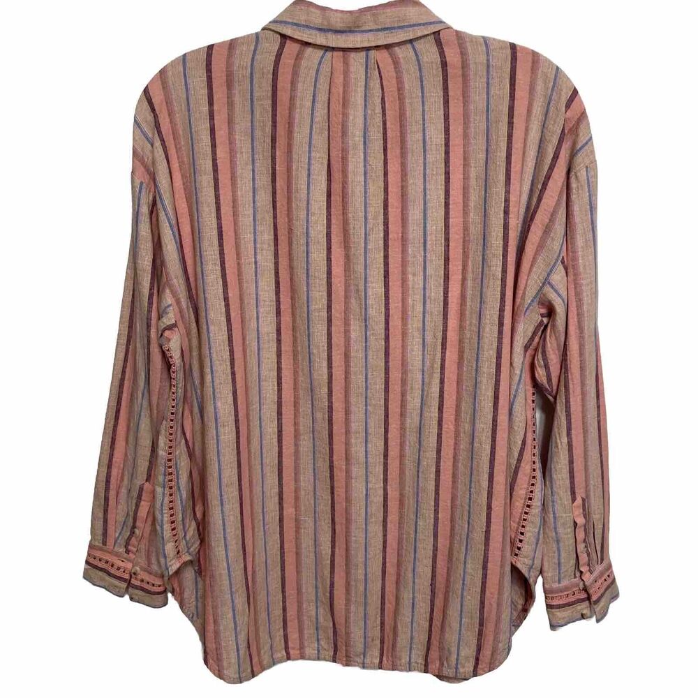 Maeve Anthropologie Shirt Lida Pink Striped & Crochet Top Linen Cotton Medium - Picture 3 of 9